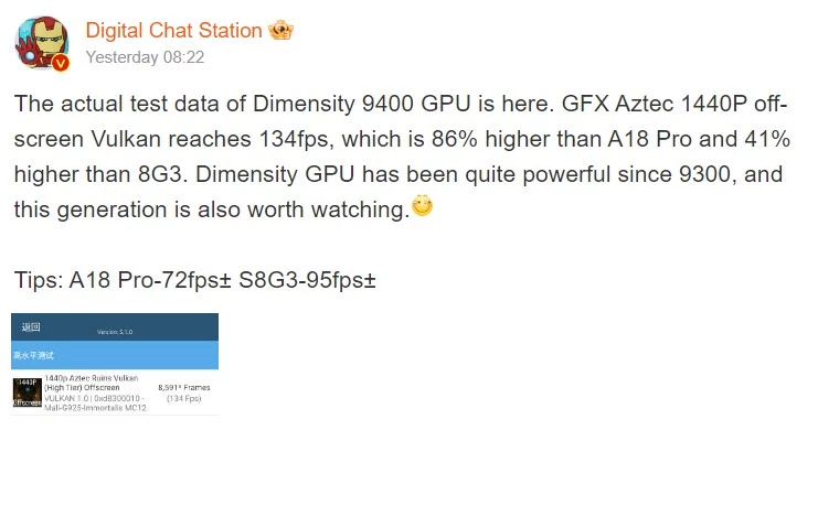 Процессор Dimensity 9400 унизит Apple A18 Pro в мощности графики