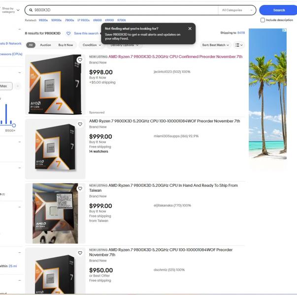 Перекупы скупили все AMD Ryzen 9800X3D и продают их по 1000 долларов