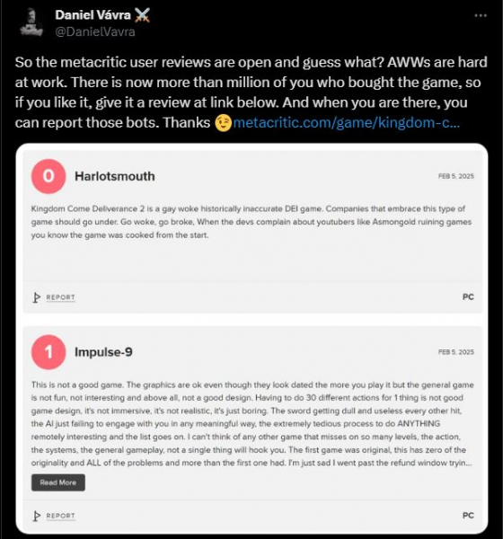 Даниэль Вавра попросил игроков кидать жалобы на «ботов», ставящих плохие оценки Kingdom Come 2 на Metacritic