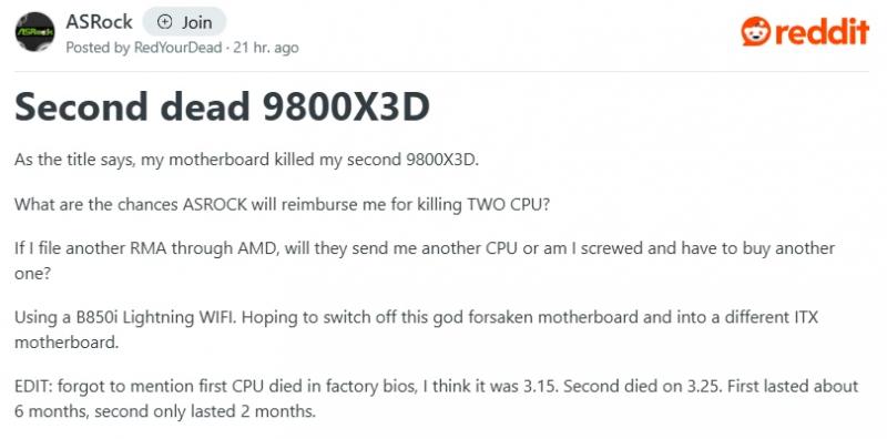 Одна ASRock B850i уничтожила два Ryzen 7 9800X3D за два месяца