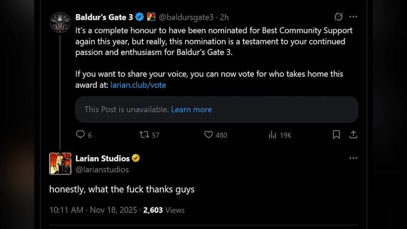 «Честно, какого чёрта?»: Larian удивилась новой номинации Baldur's Gate 3 на TGA 2025