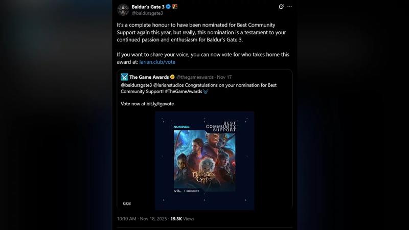 «Честно, какого чёрта?»: Larian удивилась новой номинации Baldur's Gate 3 на TGA 2025