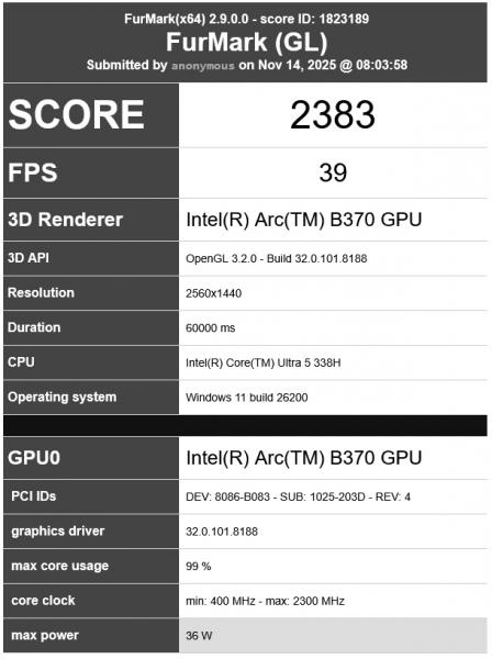 Встройка Intel Arc B370 Xe3 отстает от предыдущего поколения при большем потреблении